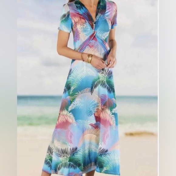 Soft Surroundings Anya Ombré Palms Midi Stretch Dress Size 1X - Picture 1 of 9